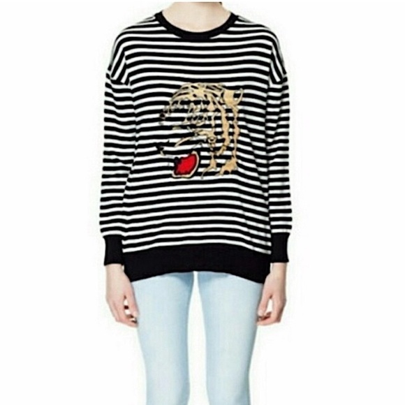 ZARA Striped Tiger Embroidery Sweater in Black and White SZ S Sailor core - Picture 3 of 7